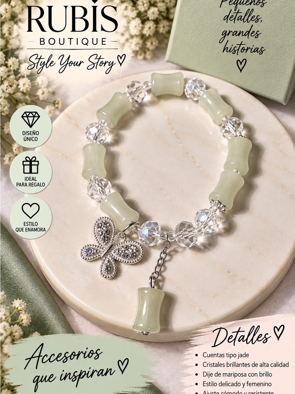 Pale Green Jade-Style Beaded Bracelet with Butterfly Charm